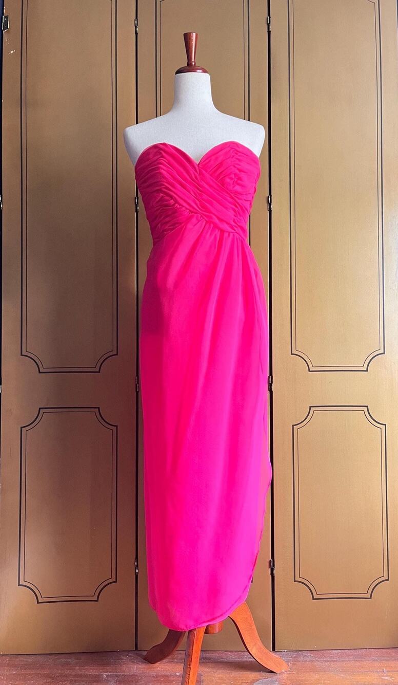 Vintage strapless gown in pink chiffon by Victor Costa, size 6
